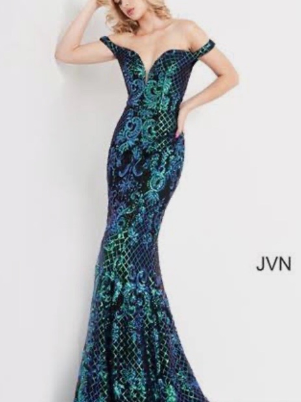 JVN One-Shoulder Sequin Mermaid Gown in Blue and Green
